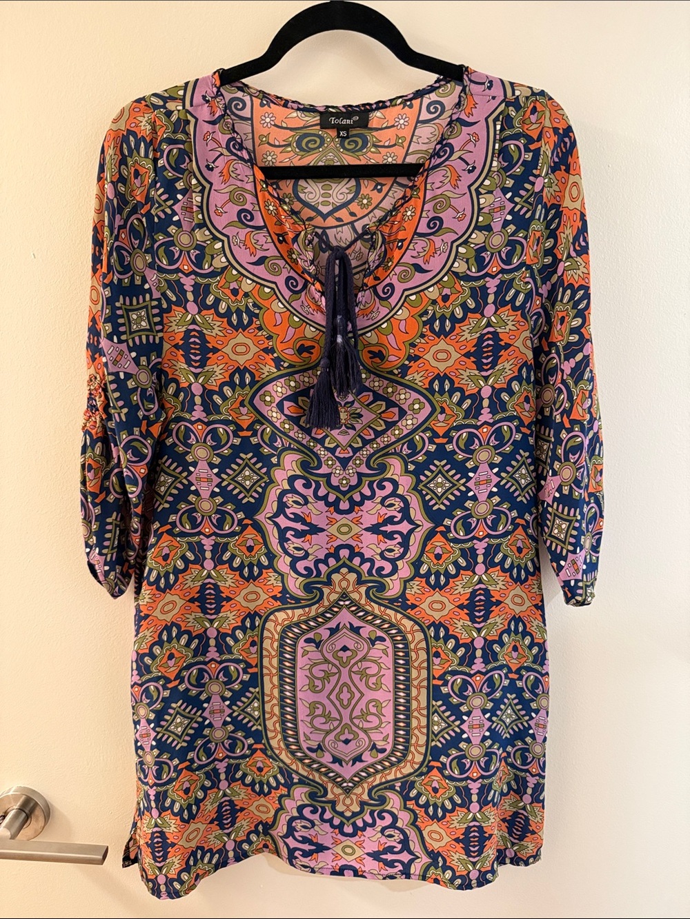 Tolani Size XS Silk Pink & Navy Printed Tunic